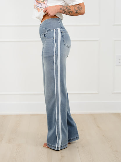 Light Wash Crossover Waist Wide Leg Jeans with Side Stripe