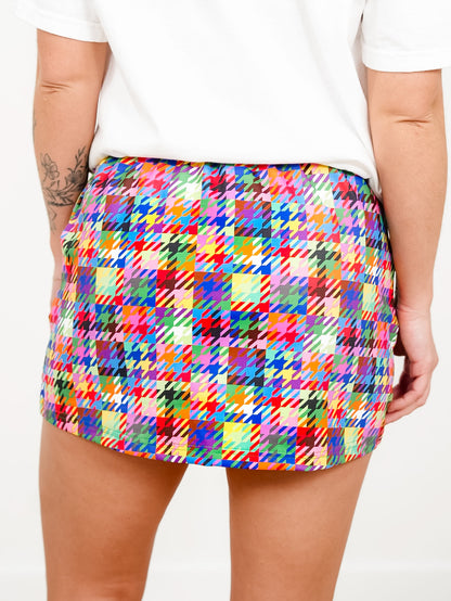 Plus/Reg Multi Color Houndstooth Print Elastic Waist Skort