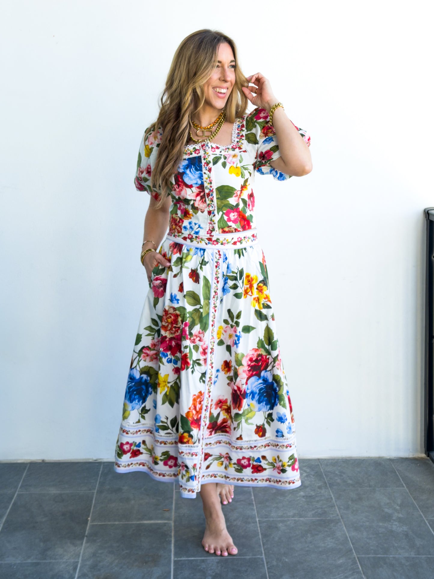 Floral Border Print Midi Skirt with Pockets