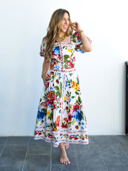 Floral Border Print Midi Skirt with Pockets