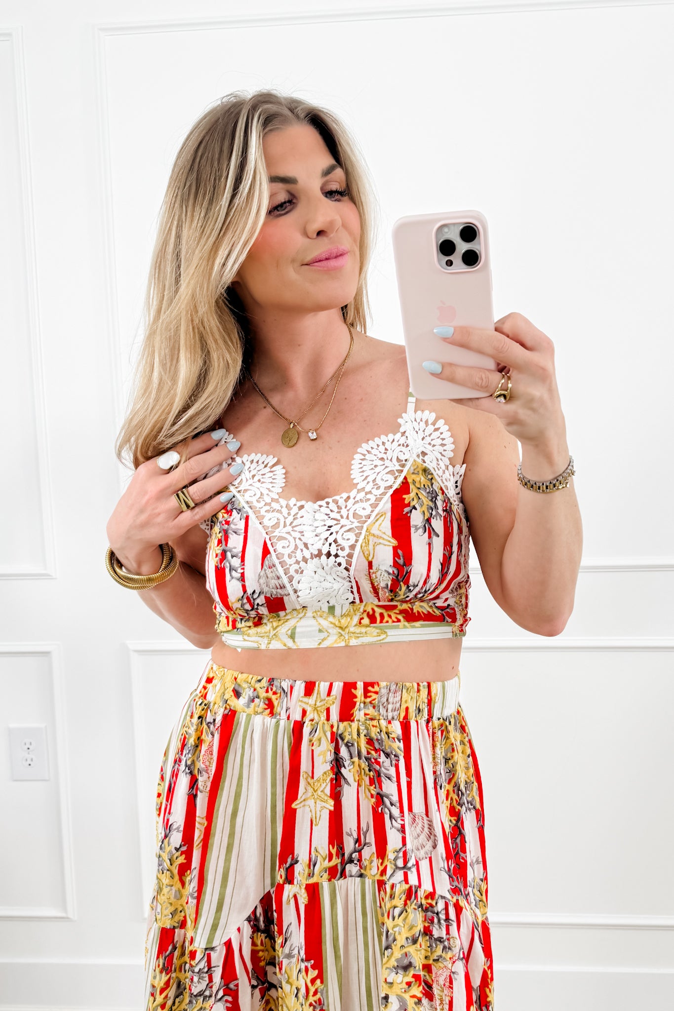 POL Stripe & Floral Print Bralette Top with High Low Skirt Set