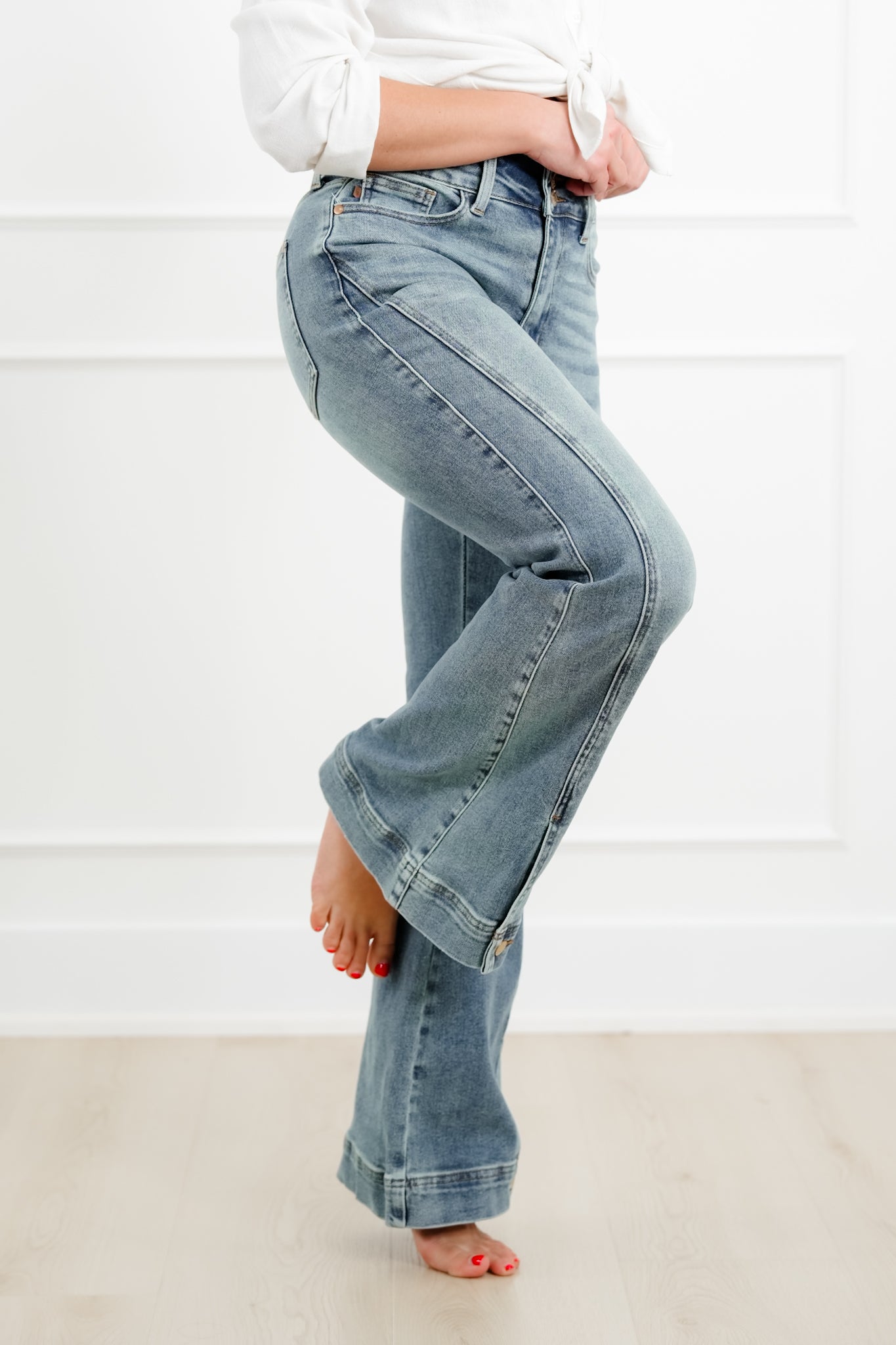 Judy Blue High Rise Medium Vintage Wash Flare Jeans with Button Hem