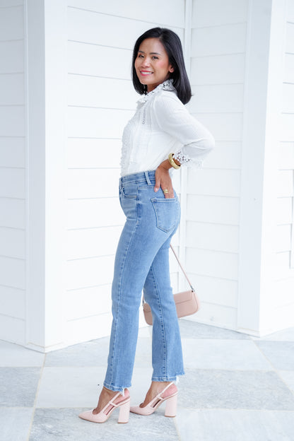 Risen High Rise Medium Wash Tummy Control Elastic Waistband Cropped Straight Leg Jeans