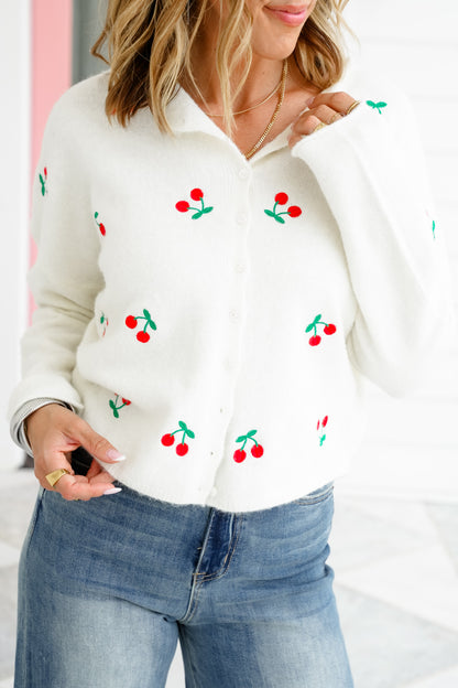 Embroidered Cherry Long Sleeve Cardigan