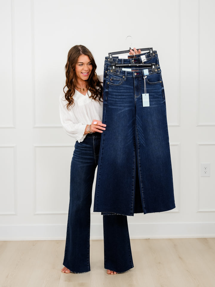 Judy Blue High Rise Dark Wash Petite/Reg Retro Wide Leg Jeans with Adjustable Waistband Tabs