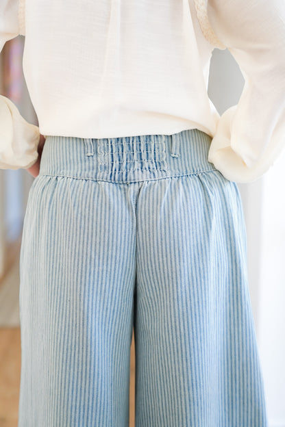 POL Stripe Wide Leg Pants with Floral Embroidery Patches