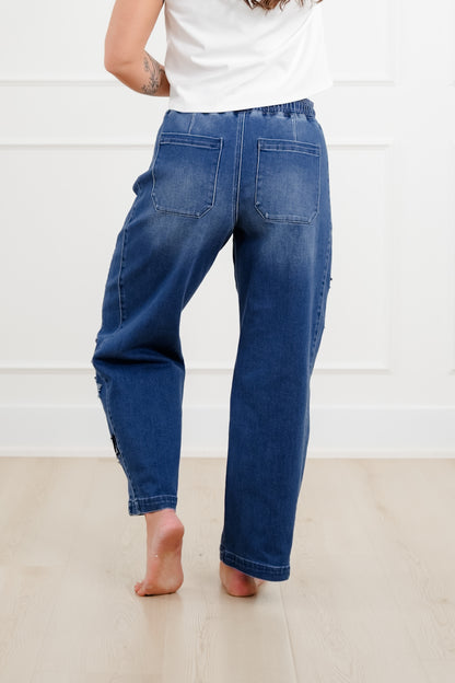 Risen Dark Wash Elastic Waistband Slouchy Barrel Star Patch Jeans