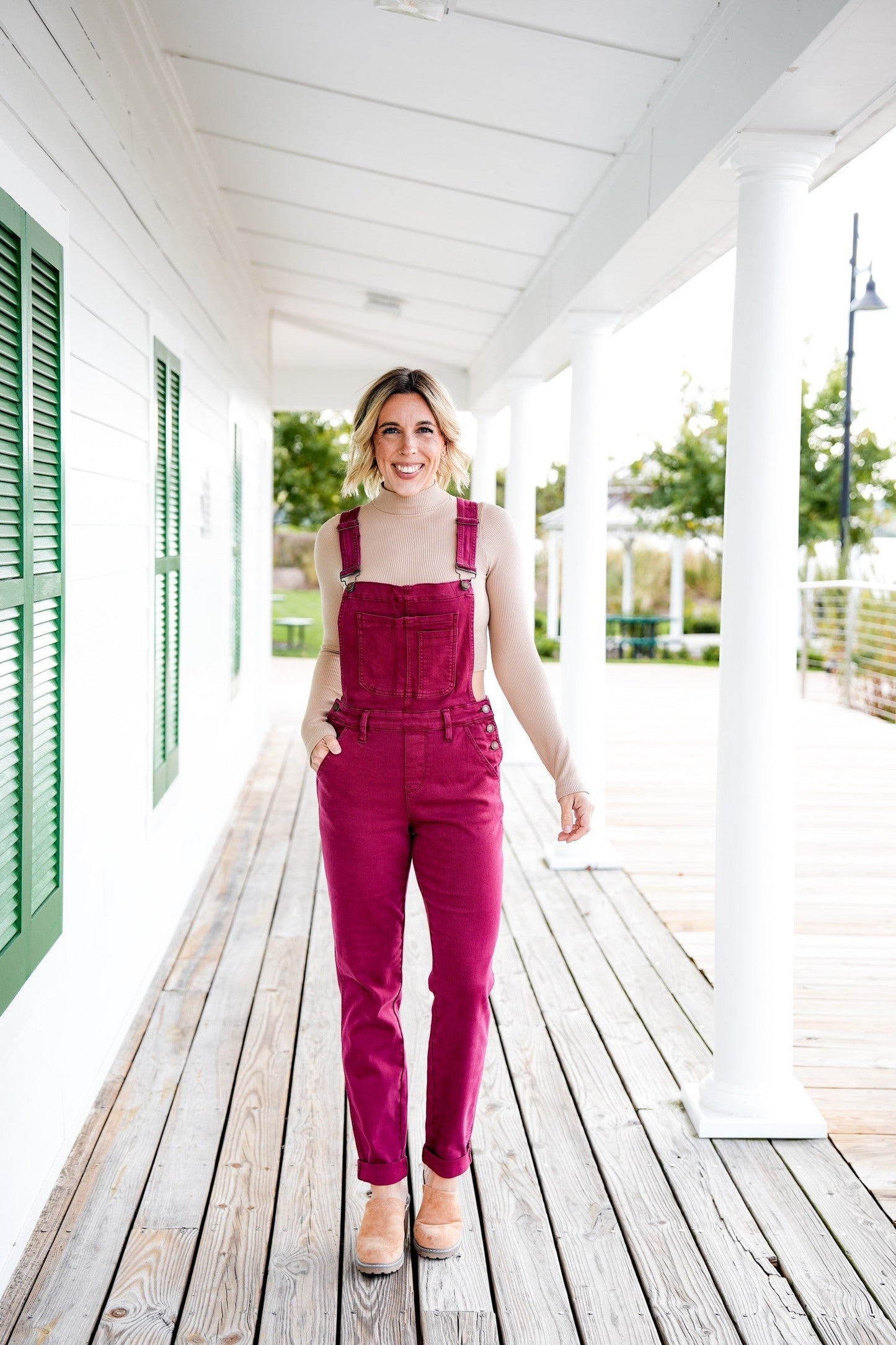 Judy Blue High Rise Maroon Garment Dyed Double Cuffed Boyfriend Overalls