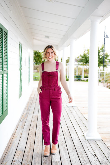 Judy Blue High Rise Maroon Garment Dyed Double Cuffed Boyfriend Overalls