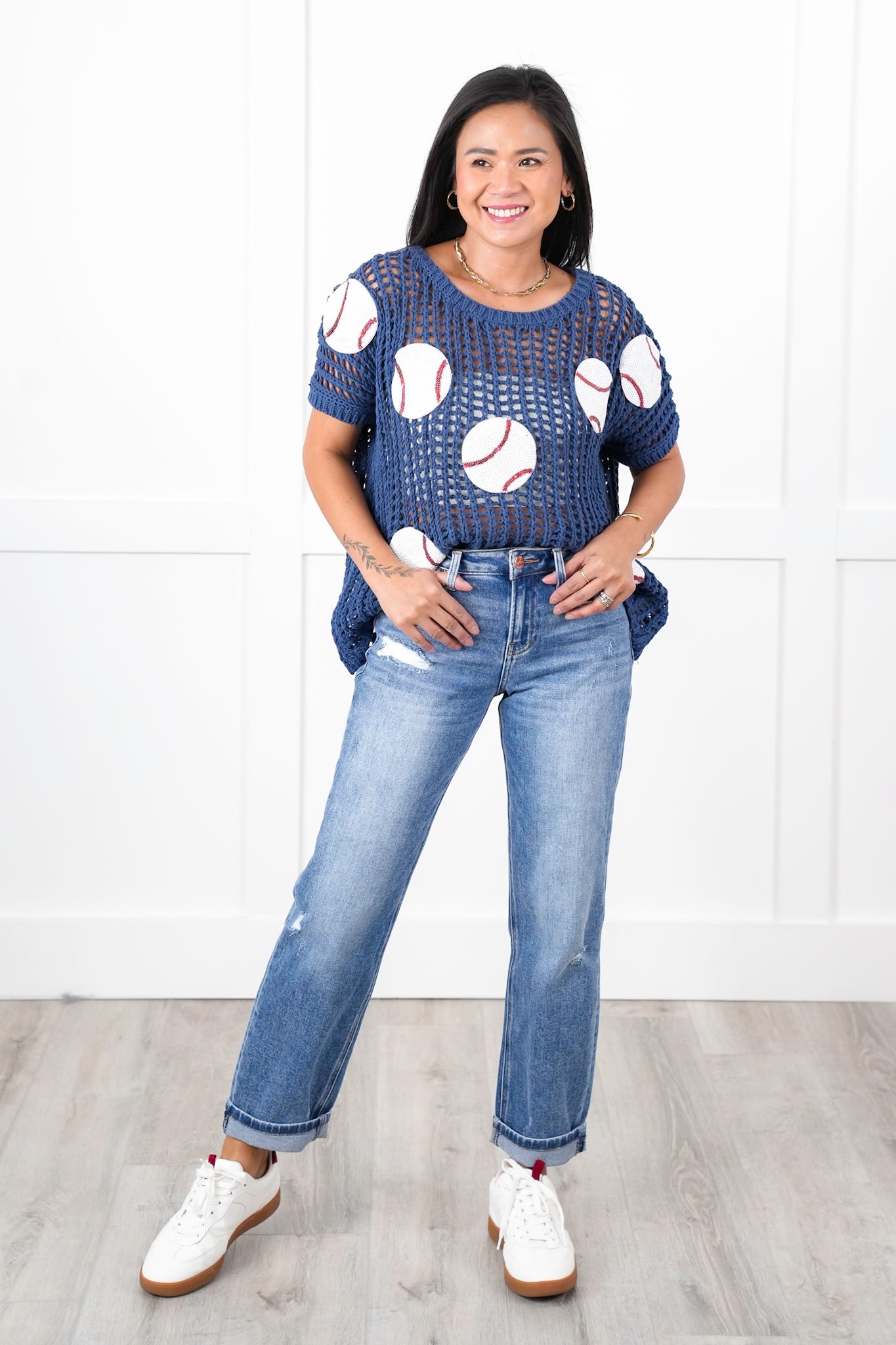 Loose Knit Short Sleeve Sweater with Sequin Baseball Patch Detail