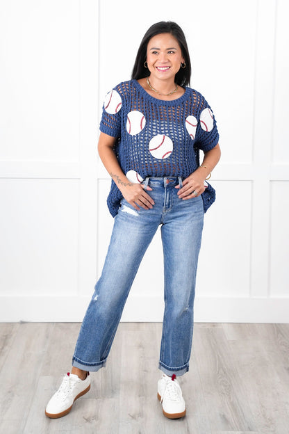 Loose Knit Short Sleeve Sweater with Sequin Baseball Patch Detail