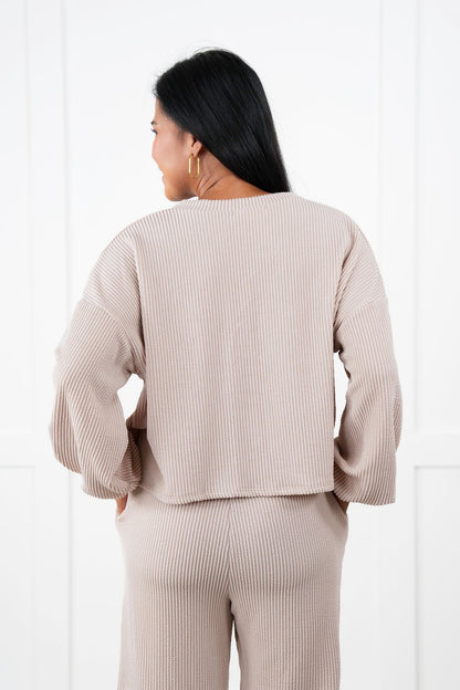 Ribbed Long Sleeve Round Top With Elastic Waistband Lounge Pant Set (Multiple Colors)