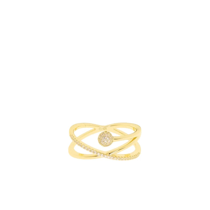 Marlyn Schiff Gold Crystal Crossover Ring With Crystal Ball