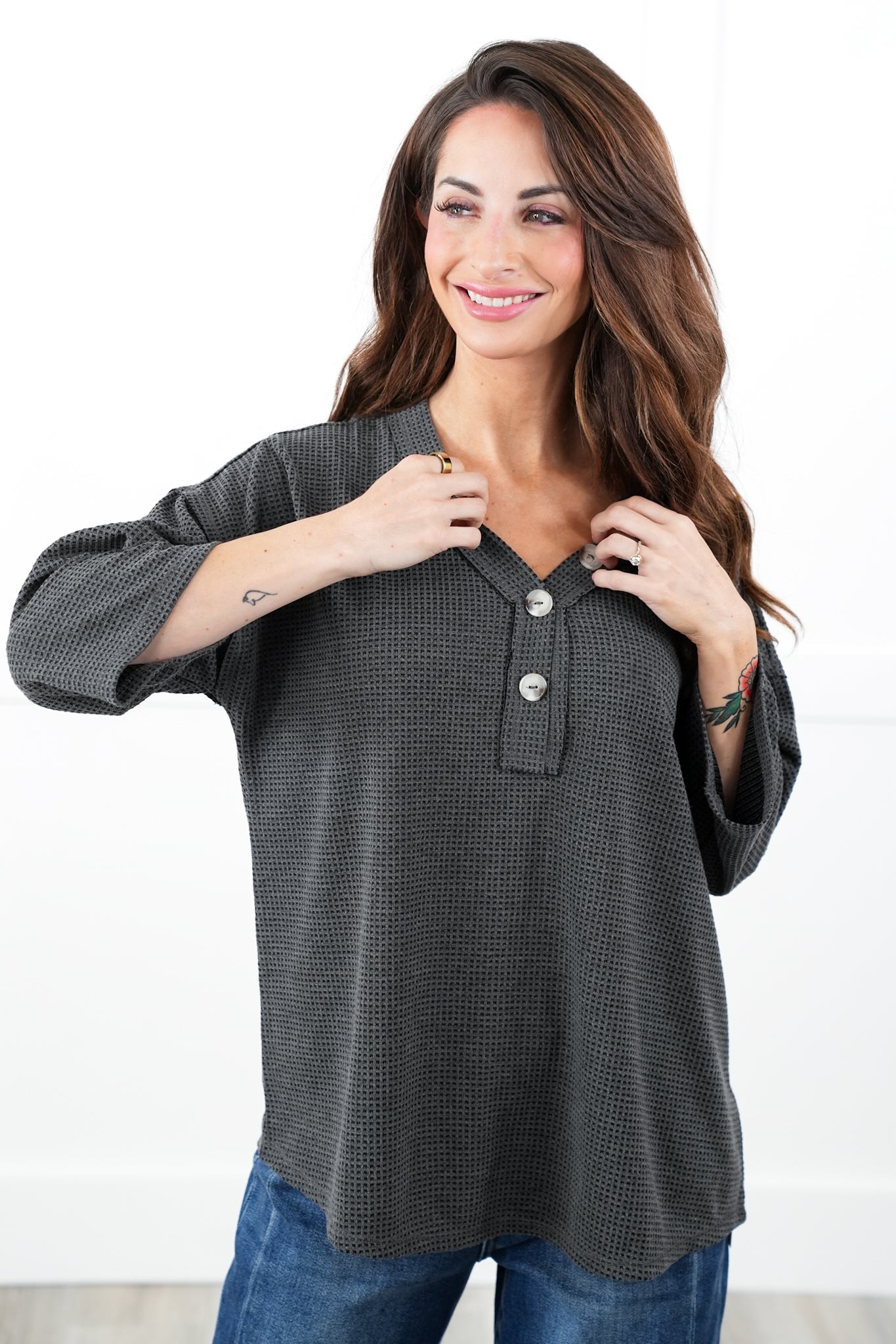Door Buster! Plus/Reg Thermal 3/4 Sleeve V-Neck Top with Button Detail