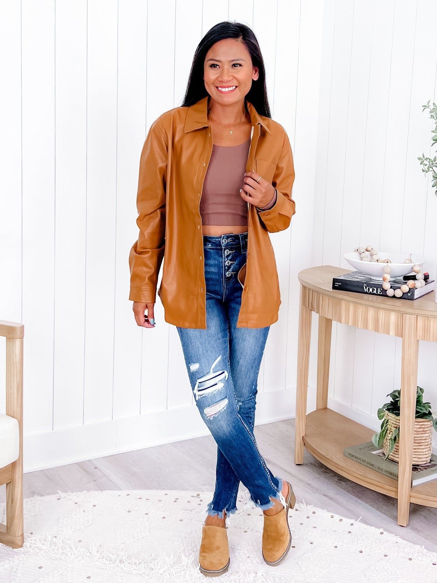 Vegan Leather Long Sleeve Button Down Shacket (Multiple Colors)