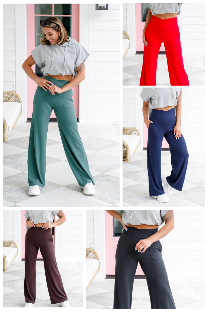 Plus/Reg Solid Elastic V Waist Wide Leg Pants