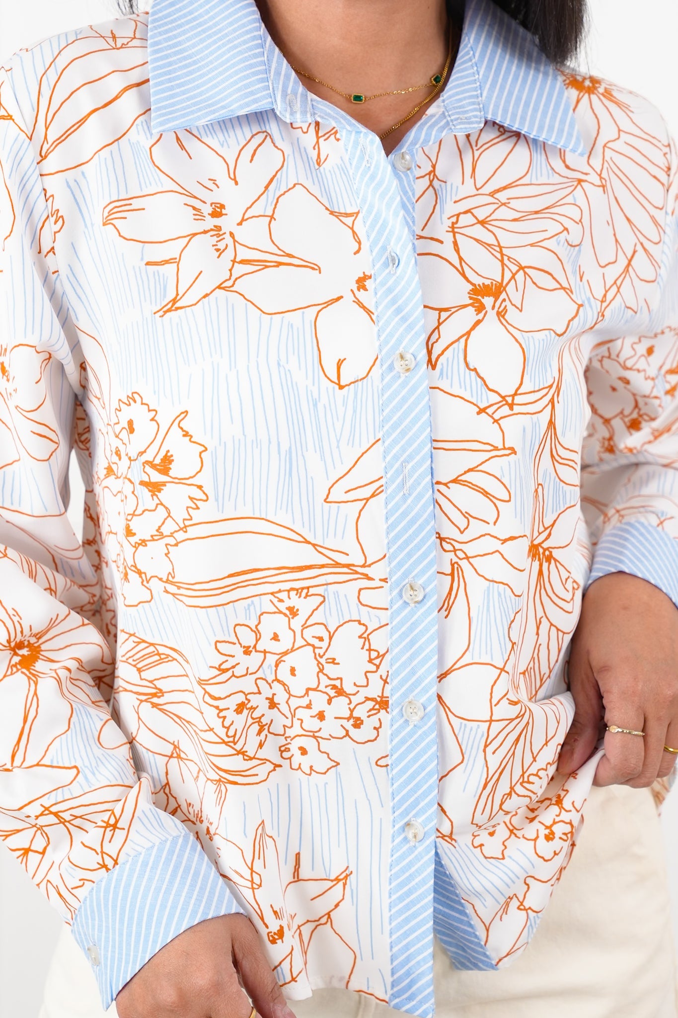 Floral Print Long Button Down Top with Trim Detail