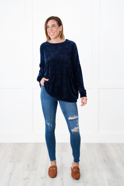 Plus/Reg Solid Chenille Long Sleeve Round Neck Top (Multiple Colors)