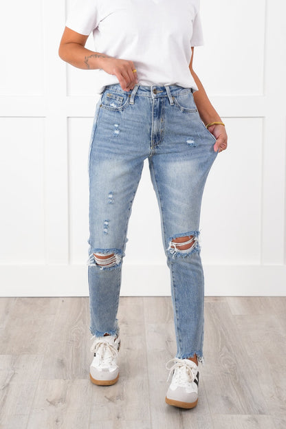 Special A High Rise Light Wash Distressed Relaxed Straight Leg Jeans