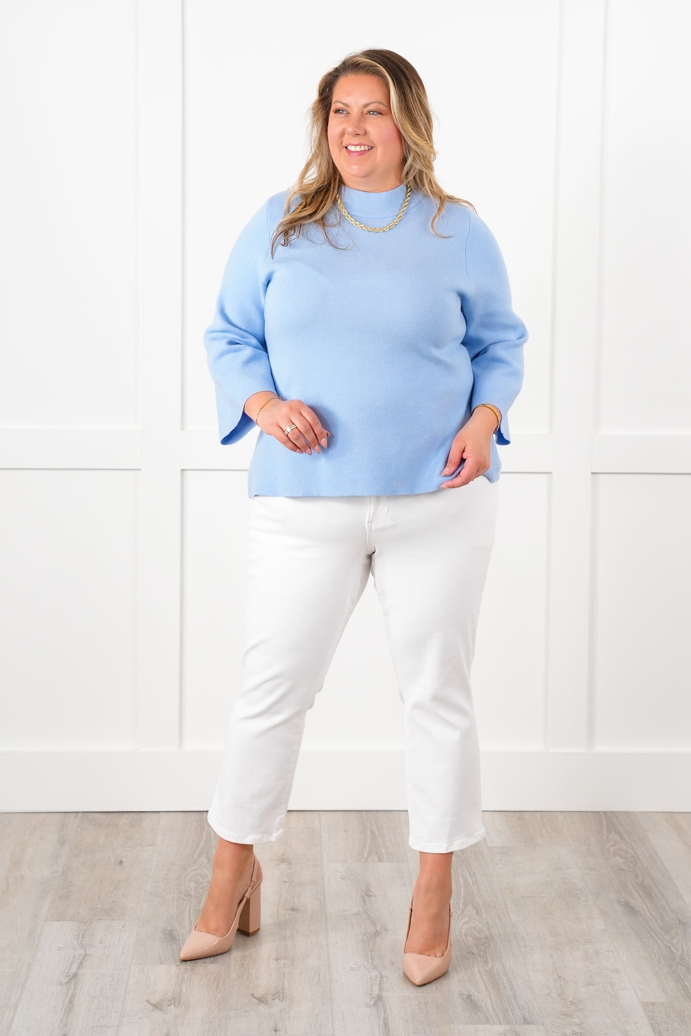 Solid 3/4 Bell Sleeve Mock Neck Knit Top
