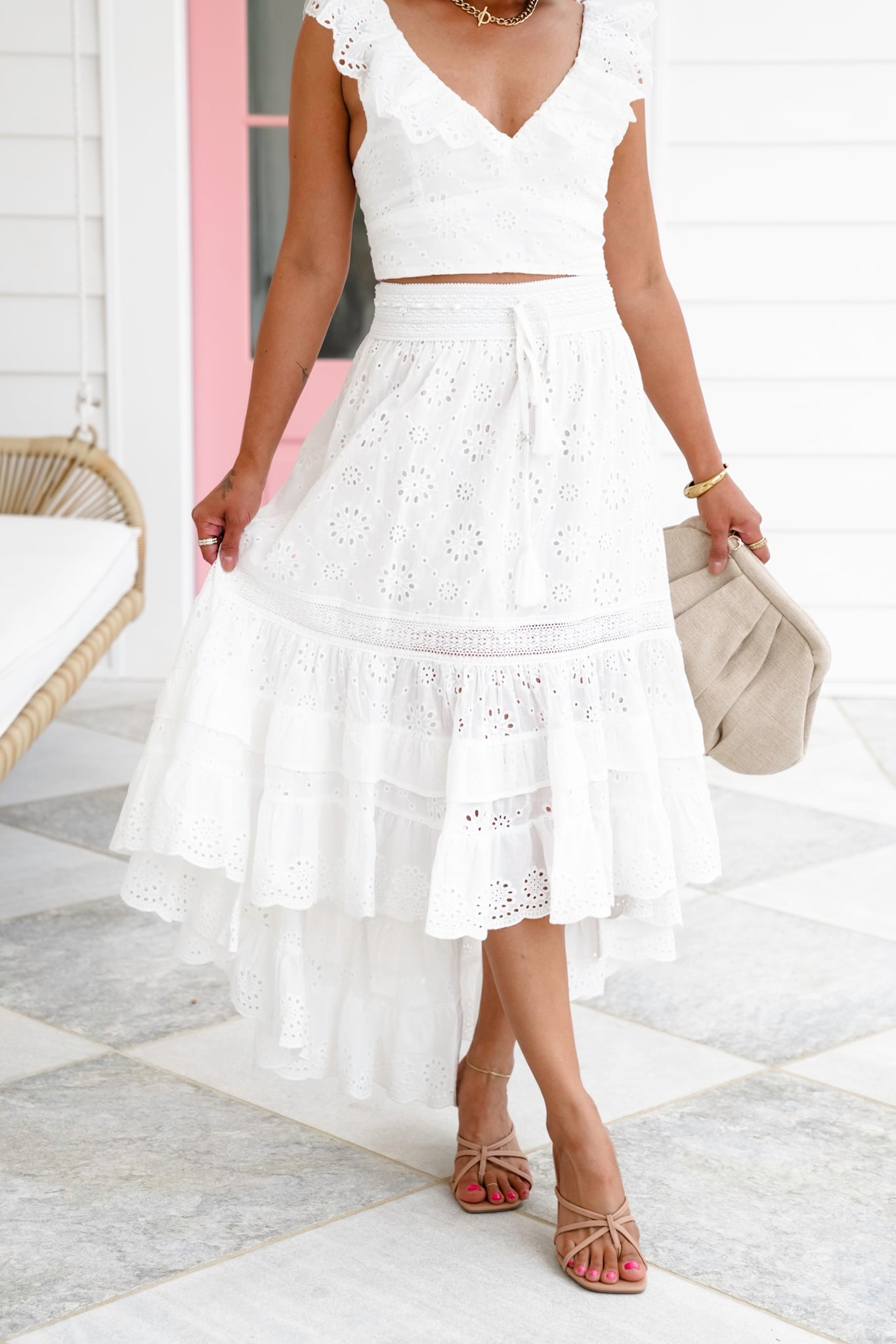 White Eyelet Ruffle Sleeve Crop Top and Hi-Low Skirt Set