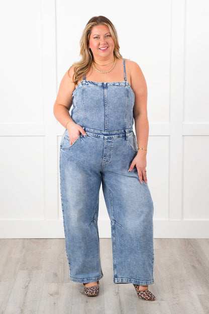 Mineral Wash Denim Sleeveless Overalls with Smocking Detail