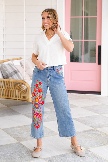 Linen Short Sleeve V Neck Top