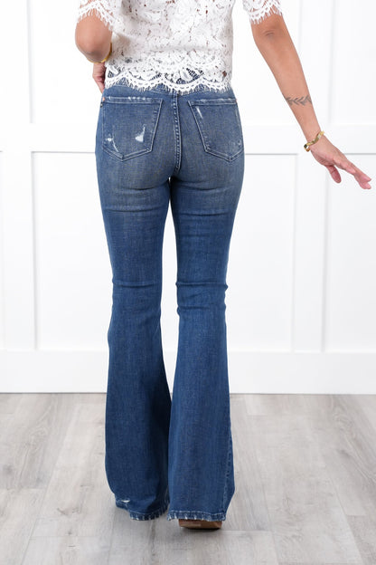 Judy Blue High Rise Dark Wash with Contrast Distressed Flare Jeans
