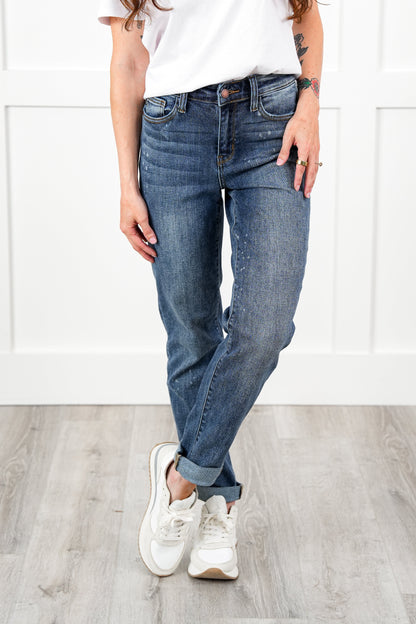 Judy Blue Bethany Bleach Dark Wash High Rise Bleach Splash Boyfriends