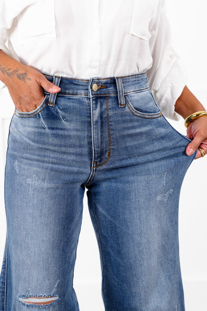 Judy Blue High Rise Medium Wash Retro Wide Leg Jeans with Cuff