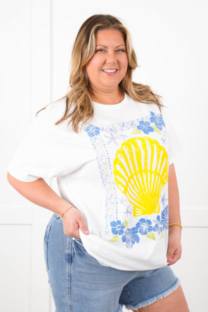 White Short Sleeve Tropical Sea Shell Graphic Tee