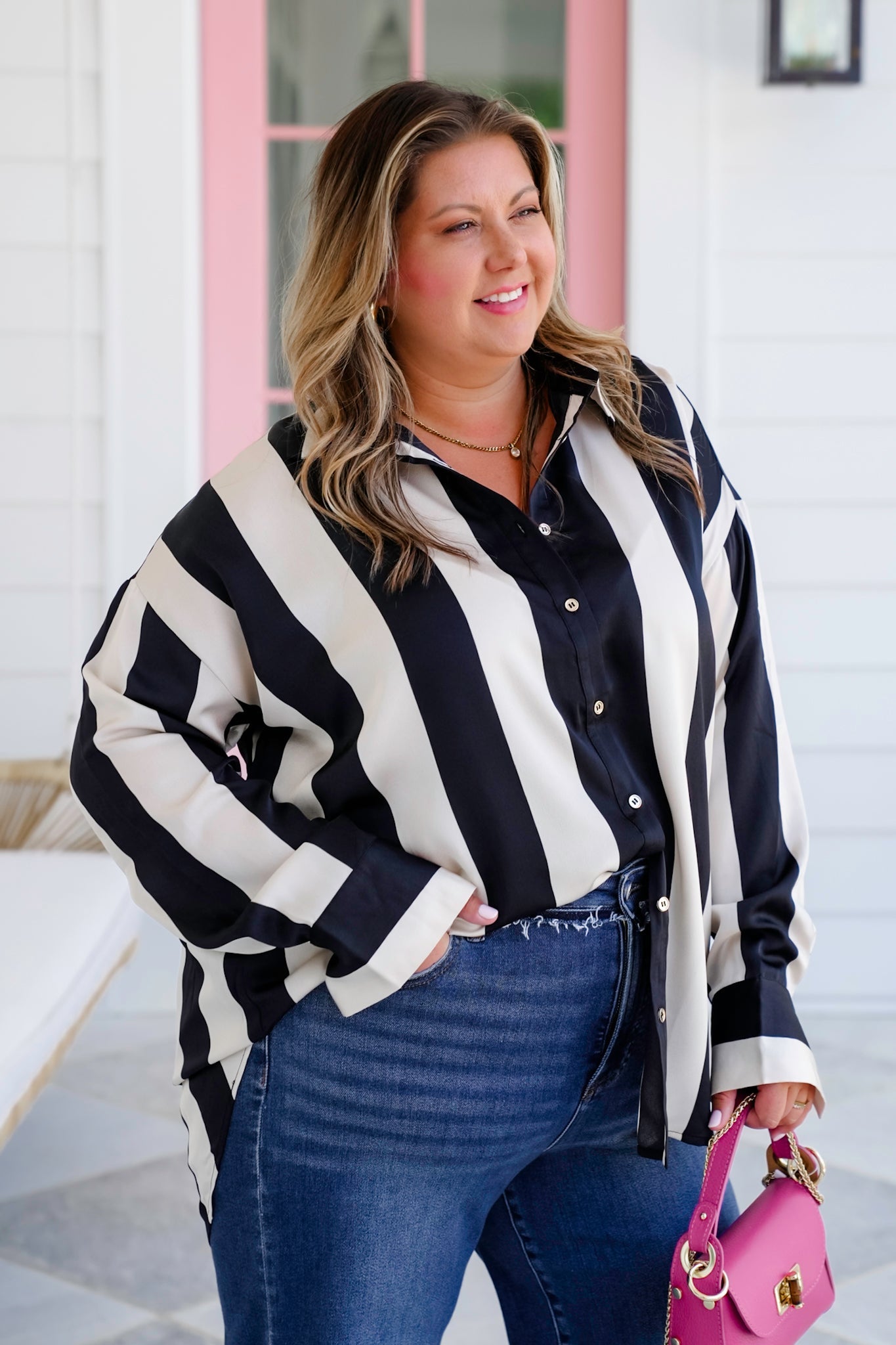 Satin Stripe Long Sleeve Button Down Blouse