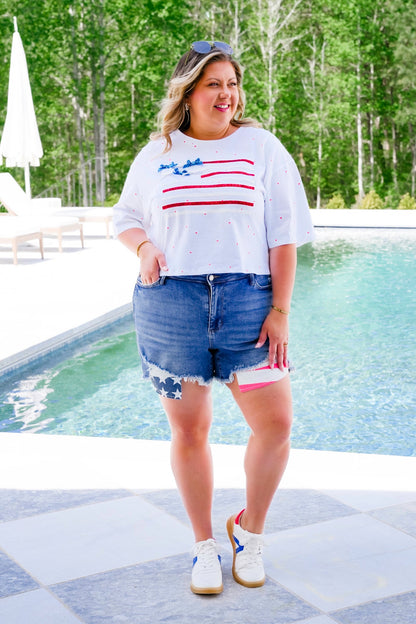 Short Sleeve Ribbon American Flag Top with Bow Detail