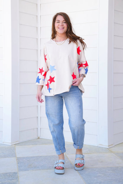 Restock! Plus/Reg Knit 3/4 Sleeve Pullover Top with Star Patch Detail