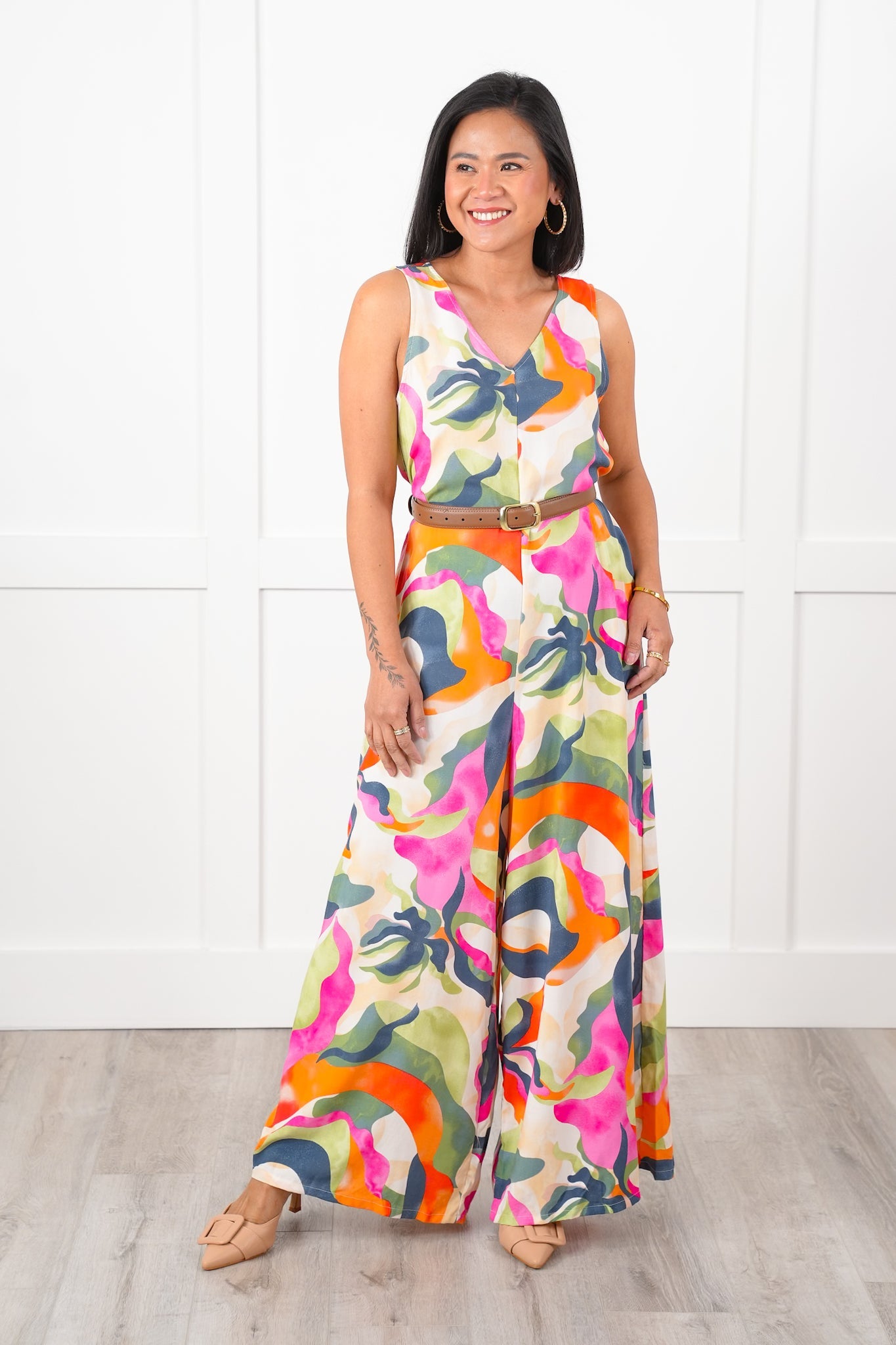Abstract Print Sleeveless V Neck Wide Leg Jumpsuit