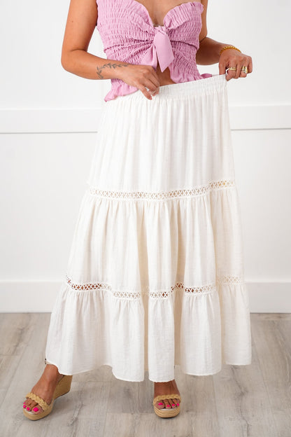 Linen Blend Elastic Waist Midi Skirt with Crochet Detail