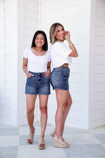 Judy Blue Medium Wash Shield Back Pocket Shorts