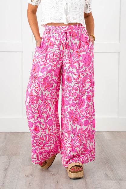 Floral Print Elastic Waist Wide Leg Pants with Side Pockets