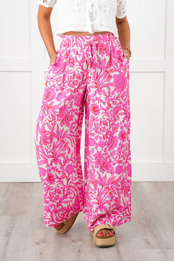 Floral Print Elastic Waist Wide Leg Pants with Side Pockets