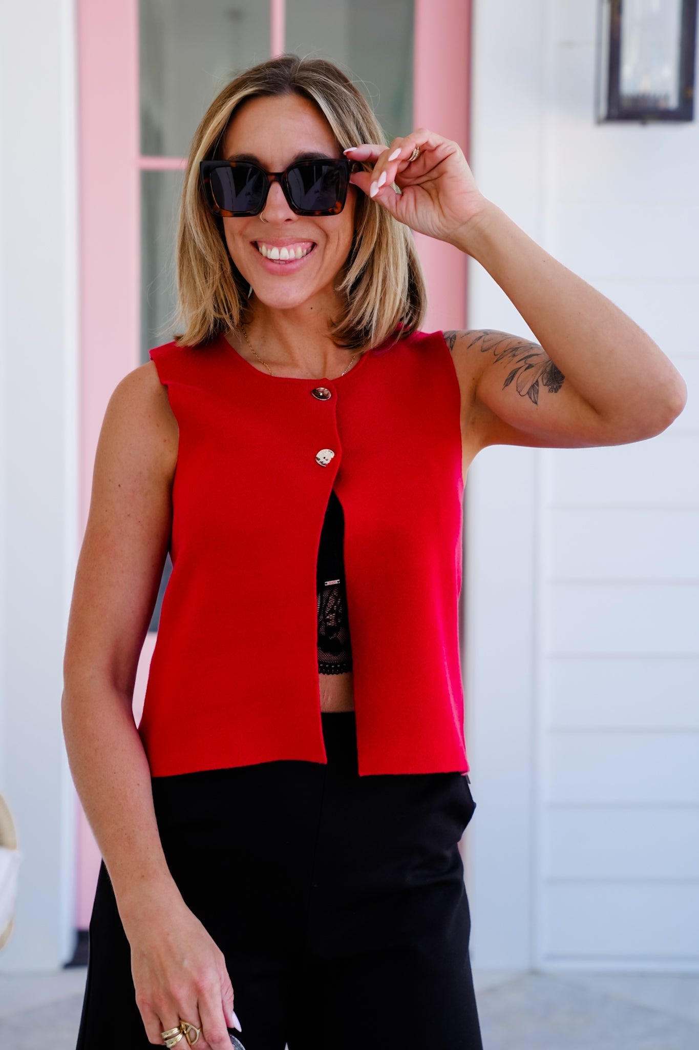 Solid Knit Sweater Vest with Button Detail