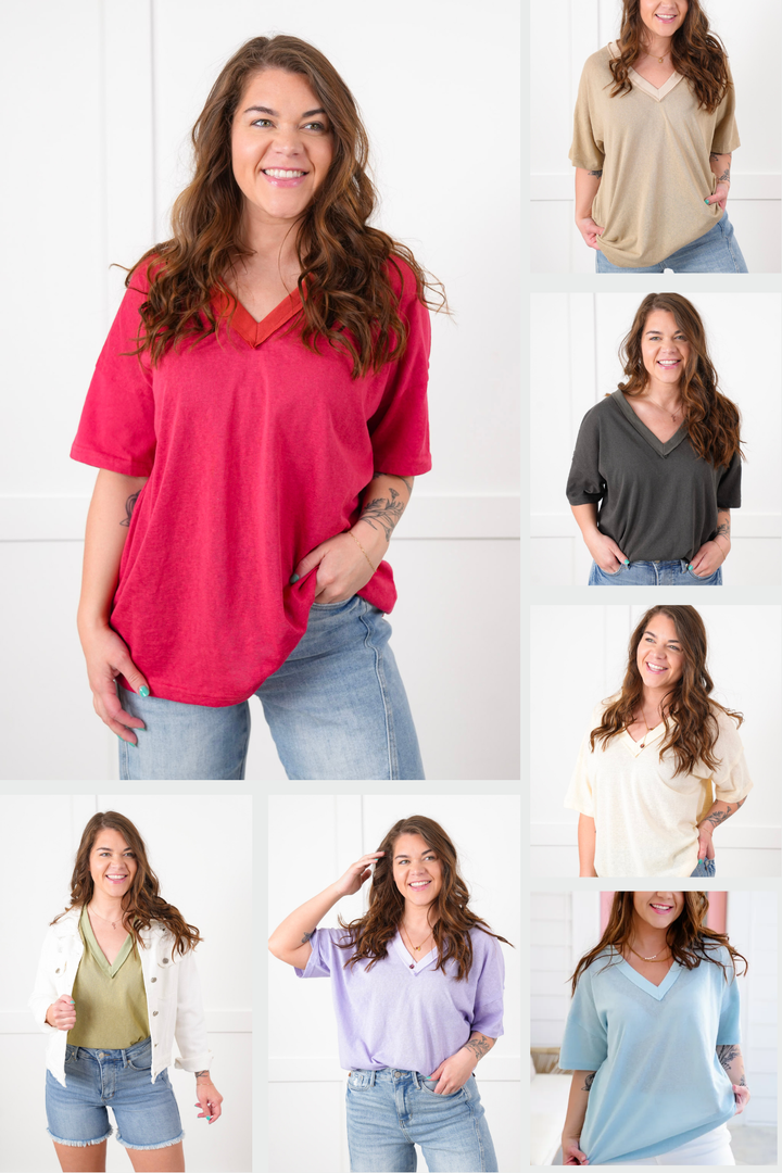 POL Stone Wash Short Sleeve V Neck Top