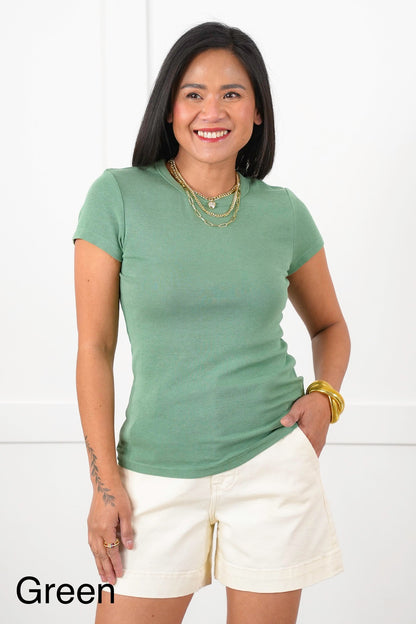 Basic Short Sleeve Round Neck Ribbed Knit Top