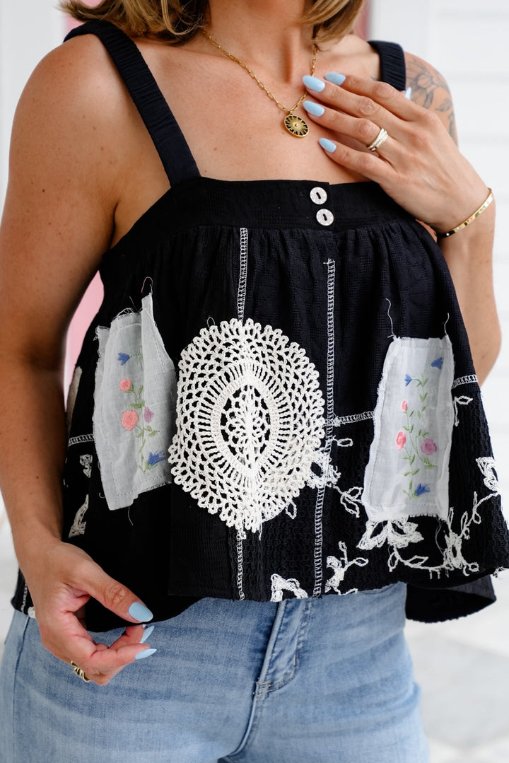 POL Black Woven Sleeveless A-Line Top with Lace Detail