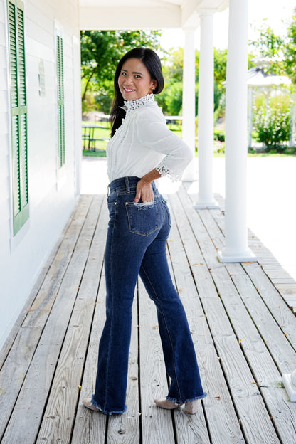 Judy Blue Feeling Fine Dark Wash High Rise Non Distressed Vintage Frayed Hem Bootcut Jeans
