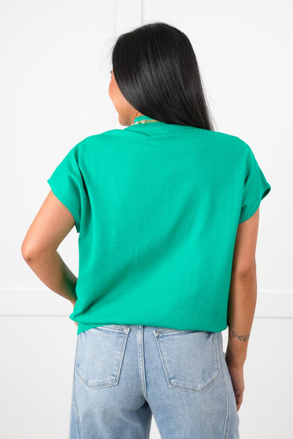Short Sleeve Mock Neck Sweater with Heart Detail