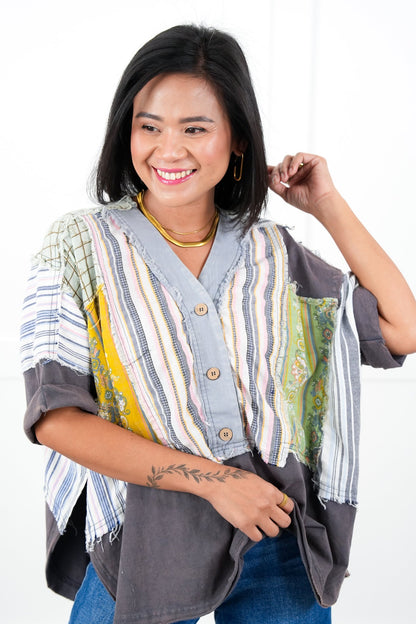 Color Block Short Sleeve Button Up Top with Print Contrast Detail