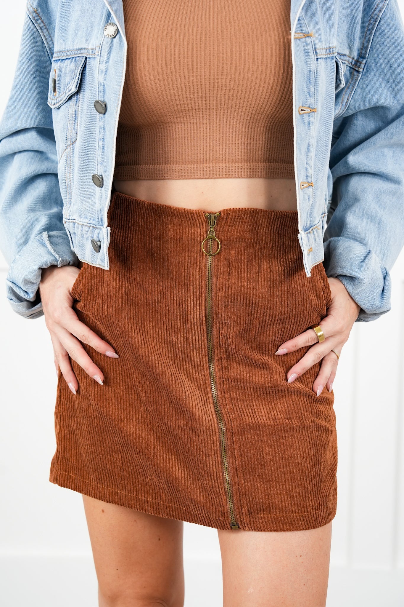 Corduroy Mini Skirt with Zipper Detail