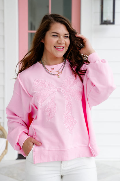 Long Sleeve Pullover Sweatshirt with Lace Bow Detail