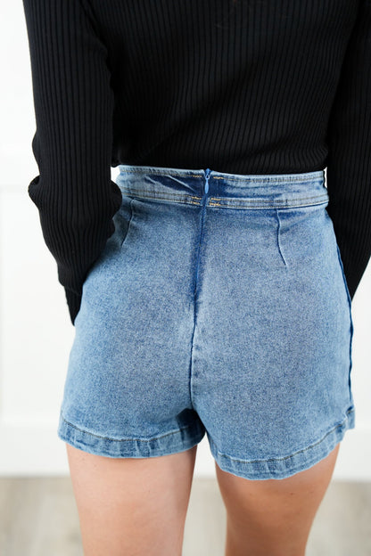 Restock! Denim High Waist Mini Skort with Side Slit Detail