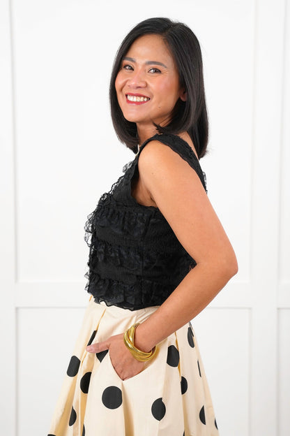 POL Black Lace Sleeveless Button Down Cropped Top